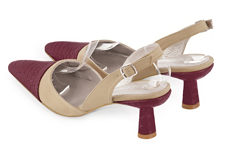 Burgundy red and tan beige women's slingback shoes. Tapered toe. Medium spool heels. Rear view - Florence KOOIJMAN